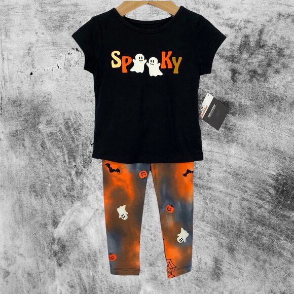 Halloween Girls Top Leggings 2T Ghost Spooky Black Orange Tie Dye Outfit Set NEW - Picture 1 of 11